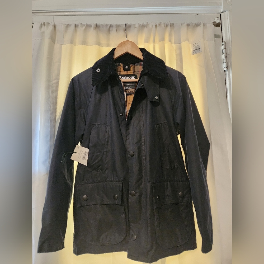 Barbour Navy Hooded Waxed Jacket with Beige Tartan Lining